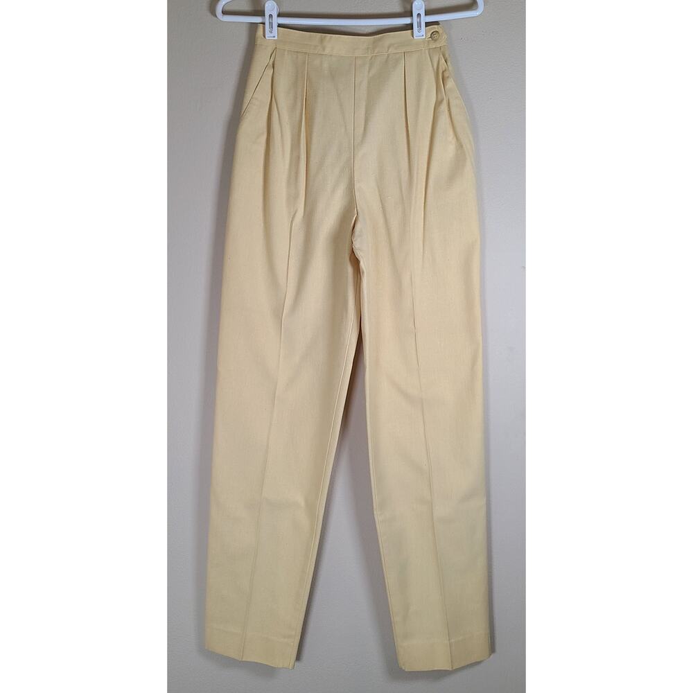 Vintage 80s WomenYellow Twill Pleated Pants High Rise Taper 24"×30.5" 5/6 Tall